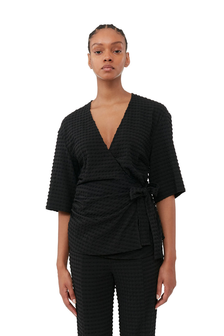 Ganni Stretch Seersucker Wrap Blouse