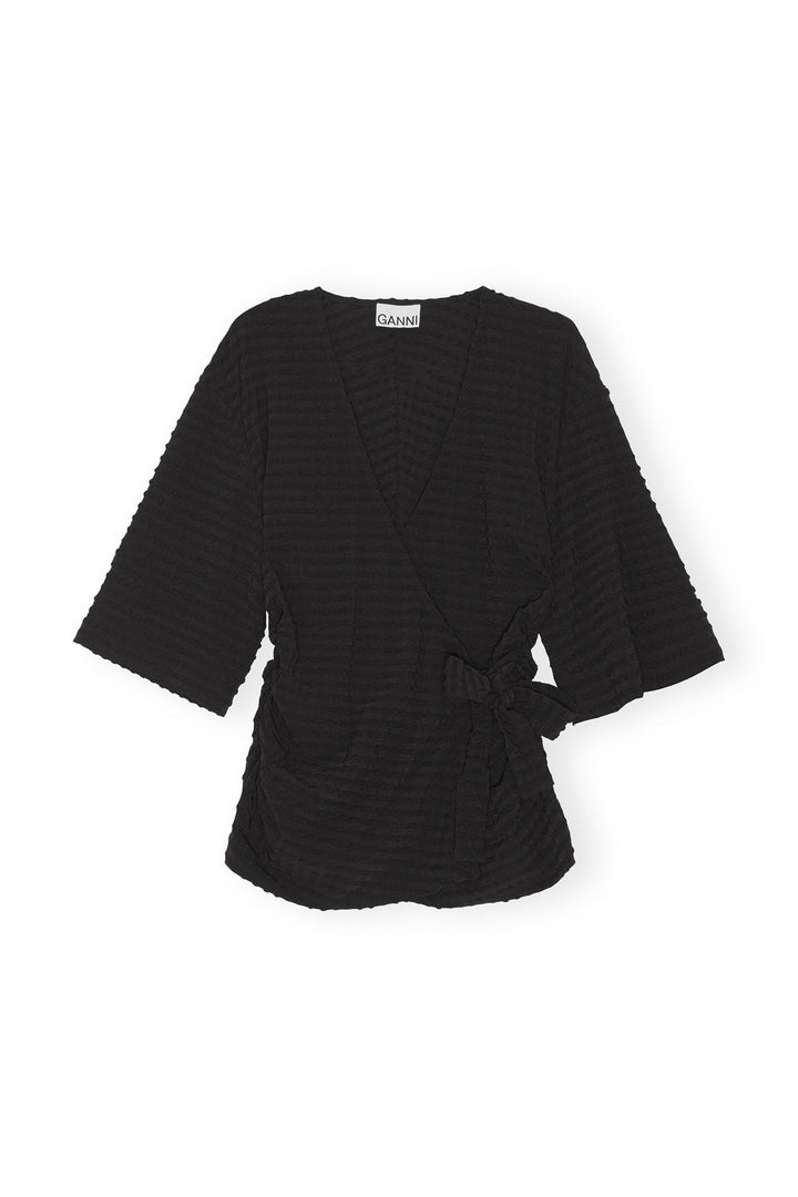 Ganni Stretch Seersucker Wrap Blouse